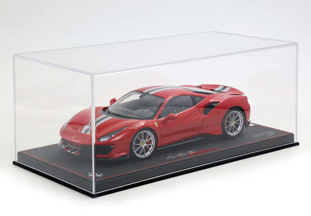 [ Pre-order ] HE180055DIE BBR 1:18 Ferrari 488 Pista (Full-Opening) – Rosso Corsa with Argento Nurburgring & Blu America Stripes – LUXURY PACK (Includes clear display case)