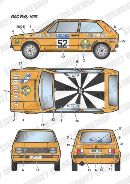 [ Back-order ] STUDIO27 DC1153 1:24 Golf GTi "Jagermeister" #24 Hessen Rally 1975/#52 RAC 1975/#74 Monte-Carlo 1976 forRevell07005/07072 [Original Decals]
