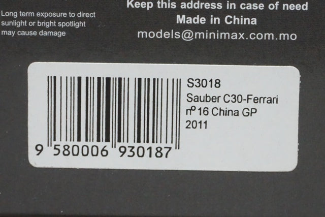 1:43 SPARK S3018 Sauber Ferrari C30 China GP Kamui Kobayashi 2011 #16