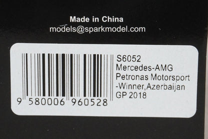 1:43 SPARK S6052 Mercedes AMG Petronas Motorsport Azerbaijan GP Winner 2018 #44 Lewis Hamilton