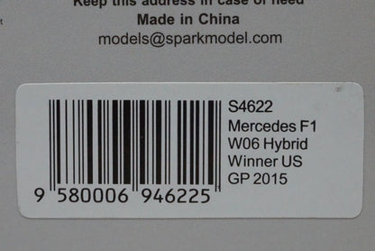 1:43 SPARK S4622 Mercedes F1 W06 Hybrid American GP Winner 2015 #44 L.Hamilton