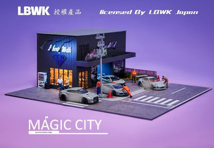 110035 Magic City 1:64 [30x40x17cm] LB LBWK Diorama Garage with LED lights *Figures and minicars are not included.