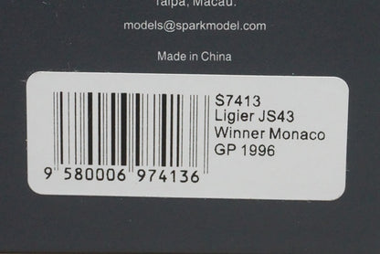 1:43 SPARK S7413 Ligier JS43 Monaco GP Winner 1996 #9 O.Panis