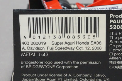 1:43 MINICHAMPS 403080019 Super Aguri Honda SA08 2008 A. Davidson #19