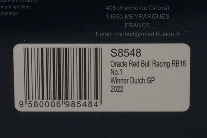 1:43 SPARK S8548 Oracle Red Bull Racing RB18 Dutch GP Winner 2022 #1