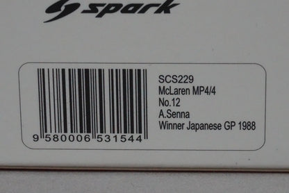 1:43 SPARK SCS229 Honda McLaren MP4/4 Japan GP Winner 1988 A.Senna #12 SUZUKA CIRCUIT LIMITED