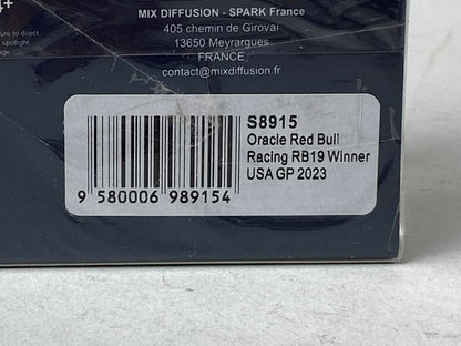 1:43 SPARK S8915 Oracle Red Bull Racing RB19 Winner USA GP 2023 #1 Max Verstappen