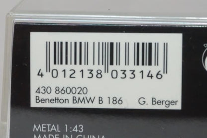 1:43 MINICHAMPS 430860020 Benetton BMW B186 1986 #20 G. Berger model car