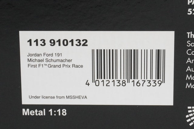 1:18 MINICHAMPS 113910132 Jordan Ford 191 F1 Debut Belgium GP 1991 #32 model car