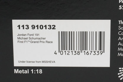 1:18 MINICHAMPS 113910132 Jordan Ford 191 F1 Debut Belgium GP 1991 #32 model car
