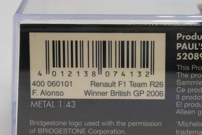 1:43 MINICHAMPS 400060101 Renault F1 Team R26 British GP 2006 #1 F. Alonso model car