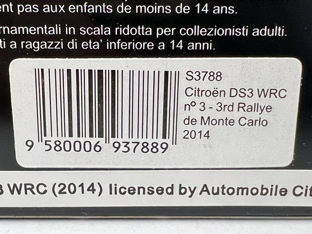 1:43 Spark S3788 Citroen DS3 WRC MONTE CARLO Rally 2014 #3 K. Meek P. Nagel model car