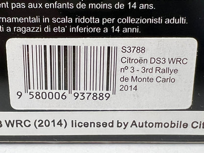 1:43 Spark S3788 Citroen DS3 WRC MONTE CARLO Rally 2014 #3 K. Meek P. Nagel model car