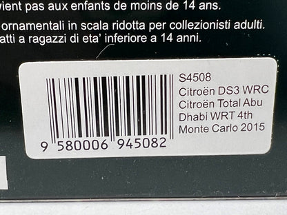 1:43 Spark S4508 DS3 WRC Citroen Total Abu Dhabi WRT Monte Carlo 2015 #12 M. Ostberg J. Andersson model car