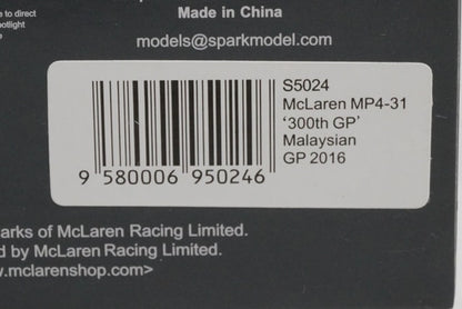 1:43 Spark S5024 McLaren Honda MP4-31 Malaysian GP 2016 #22 model car