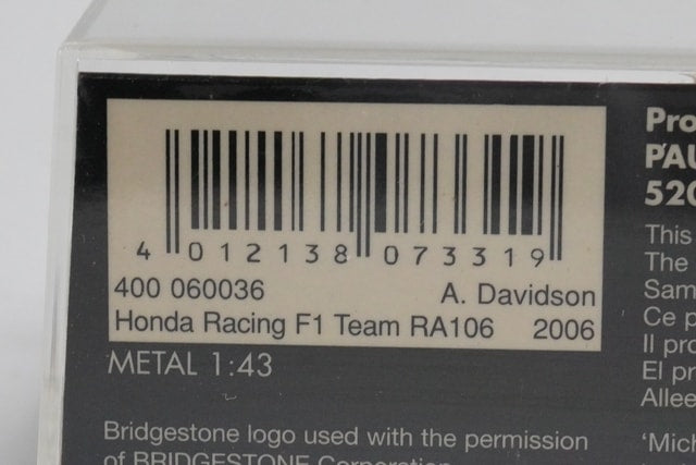 1:43 MINICHAMPS 400060036 Honda Racing F1 Team RA106 2006 #36 model car