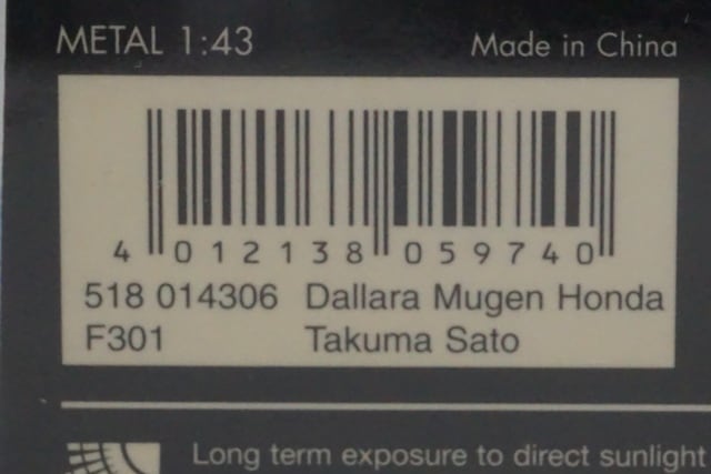 1:43 MINICHAMPS 518014306 Dallara Mugen Honda F301 Macau GP 2001 #6 model car