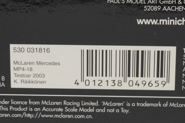 1:18 MINICHAMPS 530031816 McLaren Mercedes MP4-18 2003 #6 model car