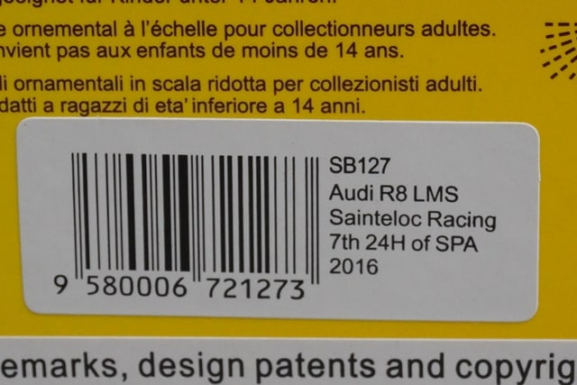 1:43 SPARK SB127 Audi R8 LMS Sainteloc Racing SPA 24H 7th 2016 #26 model car