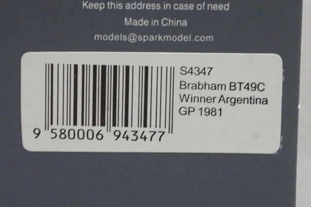 1:43 SPARK S4347 Brabham BT49C Argentine GP Winner 1981 #5 N. Piquet model car