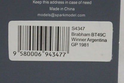 1:43 SPARK S4347 Brabham BT49C Argentine GP Winner 1981 #5 N. Piquet model car