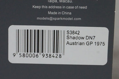 1:43 SPARK S3842 Shadow DN7 Austrian Grand Prix 1975 #17 J.P.Jarier model car