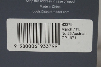 1:43 SPARK S3379 March 711 Austrian Grand Prix 1971 #26 N. Lauda model car