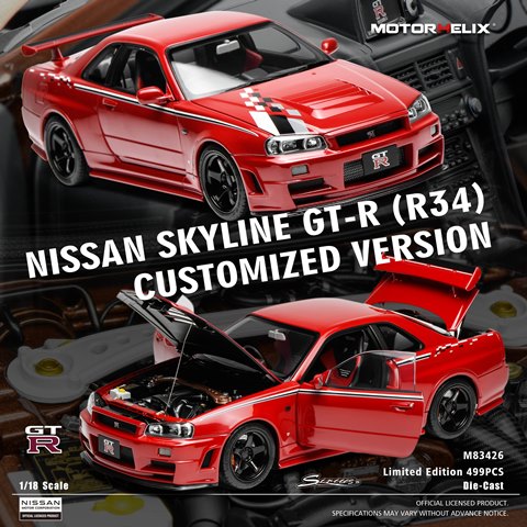[ Pre-order ] M83426 Motor Helix 1:18 Nissan Skyline GT-R (R34) Customised Version Active Red with Livery