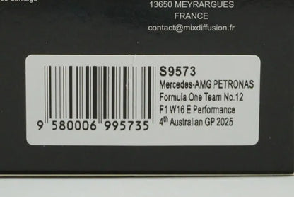 1:43 Spark S9573 Mercedes-AMG Petronas F1 Team W16 E Performance #12 K. Antonelli, Australian Grand Prix 4th 2025