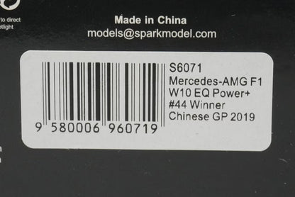 1:43 Spark S6071 Mercedes-AMG Petronas Motorsport W10 EQ Power+ #44 Chinese Grand Prix Winner 2019 F1 1000th GP L. Hamilton