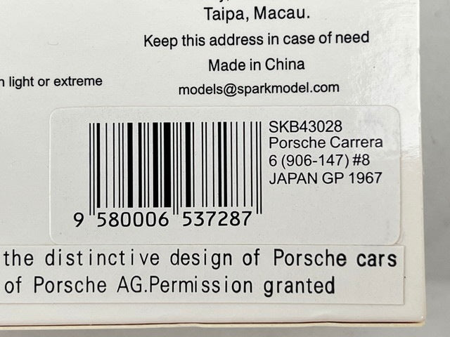 1:43 Spark SKB43028 Kidbox Custom Porsche Carrera 6 (906-147) Japanese GP 1967 #8 Toru Ikuzawa