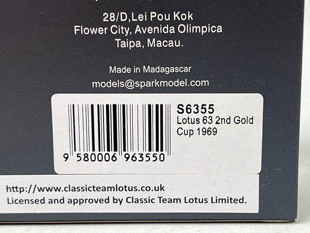 1:43 Spark S6355 Lotus 63 Gold Cup 2nd 1969 #2 J. Rindt