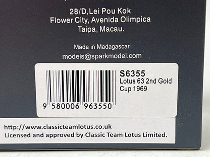 1:43 Spark S6355 Lotus 63 Gold Cup 2nd 1969 #2 J. Rindt