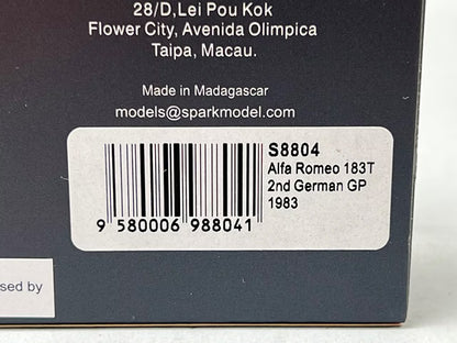 1:43 Spark S8804 Alfa Romeo 183T German GP 2nd place 1983 #22 A. de Cesaris