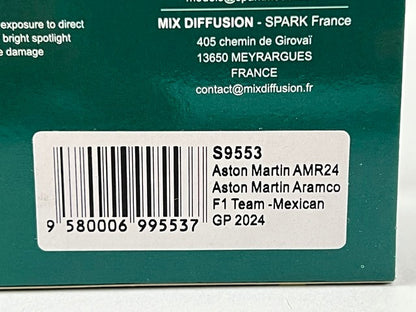 1:43 Spark S9553 Aston Martin AMR24 Aramco F1 Team Mexican GP 2024 #14 F. Alonso