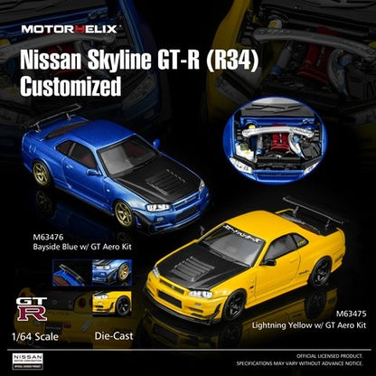 [ Pre-order ] M63476 MOTORHELIX 1:64 Nissan Skyline GT-R (R34) Customized Bayside Blue w/GT Aero Kit
