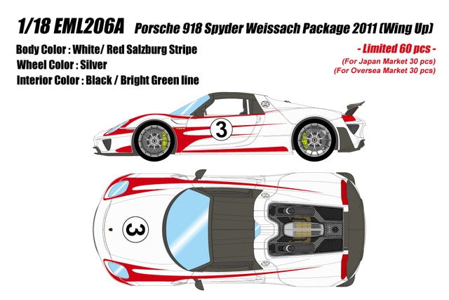 [ Pre-order ] EML206A Make Up EIDOLON 1:18 Porsche 918 Spyder Weissach Package 2011 Wing Up White/Red Salzburg Stripe #3