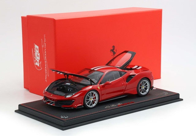 [ Pre-order ] HE180055DIE BBR 1:18 Ferrari 488 Pista (Full-Opening) – Rosso Corsa with Argento Nurburgring & Blu America Stripes – LUXURY PACK (Includes clear display case)