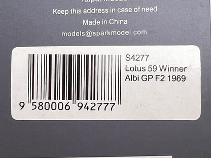 1:43 Spark S4277 Lotus 59B F2 Albi GP 1969 Winner #4 G. Hill