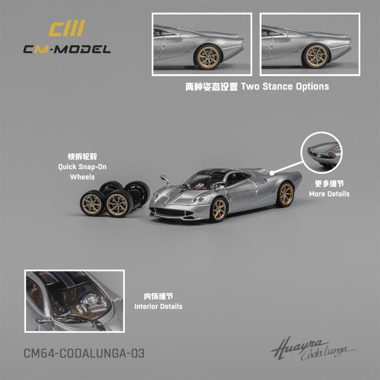 [ Back-order ] CM-MODEL CM64-Codalunga-03 1:64 Pagani Huayra Cordalunga Metallic Silver model car
