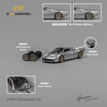 [ Back-order ] CM-MODEL CM64-Codalunga-03 1:64 Pagani Huayra Cordalunga Metallic Silver model car