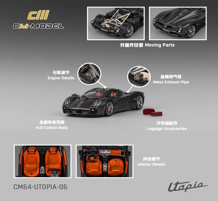 [ Back-order ] CM-MODEL CM64-UTOPIA-06 1:64 Pagani Utopia Full Carbon Fiber/Red Line model car