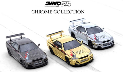 [ Back-order ]  INNO Models IN64-R34RT-HEC2023 1:64 Skyline GT-R R34 NISMO R-Tune Hobby Expo China 2023 Event Limited Model Set of 3 (Gold Chrome Plated, Silver Chrome Plated and Black Chrome Plated)