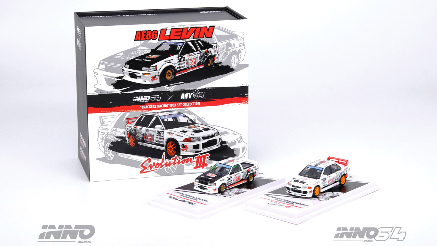 [ Back-order ] INNO Models IN64-TRACKERZ-BOXSET 1:64 Toyota Corolla AE86 Levin "TRACKERS RACING" & Mitsubishi Lancer Evolution III "TRACKERZ RACING" Box Set