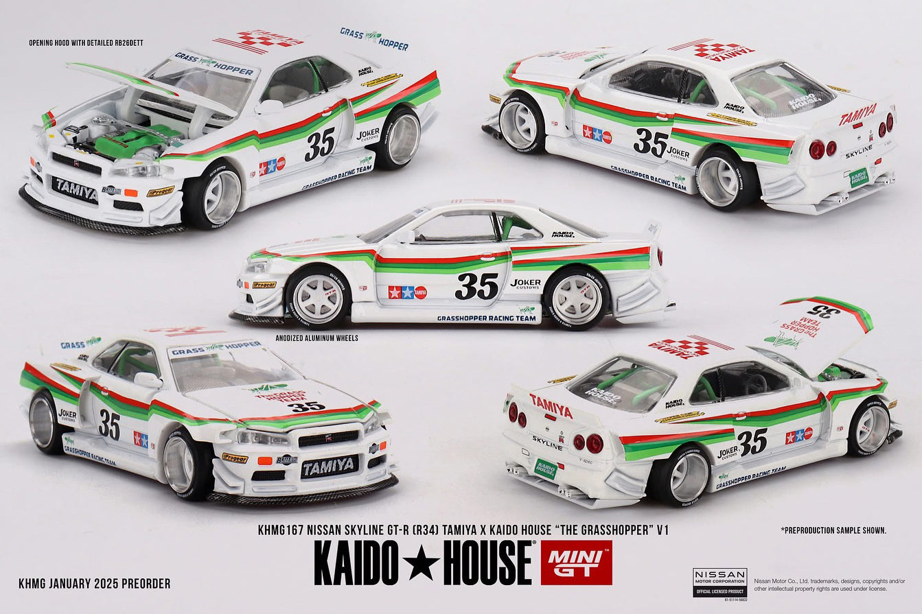 [ Back-order ] TSM MINI-GT KHMG167 1:64 Nissan Skyline GT-R R34 TAMIYA x KAIDO HOUSE "Grasshopper" V1 RHD model car