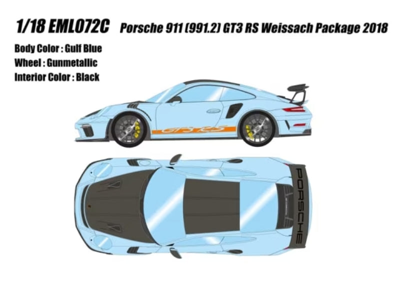 EML072C Make Up EIDOLON 1:18 Porsche 911 (991.2) GT3 RS Weissach Package 2018 Gulf Blue
