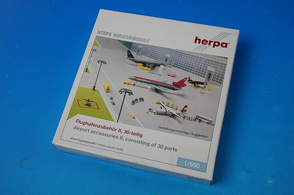 1:500 Airport accessories Towing vehicle, passenger vehicle, baggage towing vehicle, lighting tower, luggage trailer, helicopter, barrier, doll set Diorama 519557 Herpa