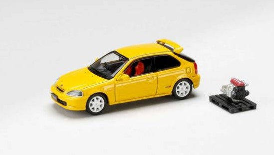 [ Back-order ] Hobby Japan HJ643016AY 1:64 Honda civic Type R (EK9) 1997 with Engine Display Model Sunlight Yellow