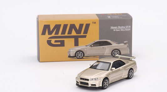 MGT00348-R TSM MINI-GT 1:64 Nissan Skyline GT-R R34 M-spec Silica Breath RHD