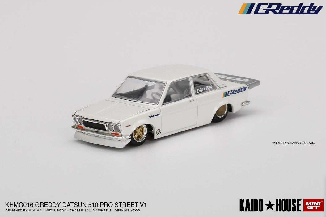 KHMG016 TSM MINI-GT 1:64 Nissan Datsun 510 Pro Street GREDDY pearl white KAIDO HOUSE LHD